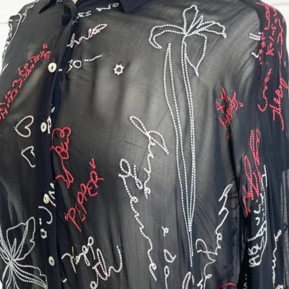 ALLSAINTS NWOT SM KYRA GRAFF SHIRT SHEER GRAFFITI BUTTON FRONT BLACK RED WHITE - Picture 2 of 7
